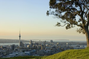 Buildings reflect the last light of the sun. Taken from Mt Eden. Auckland, New Zealand.